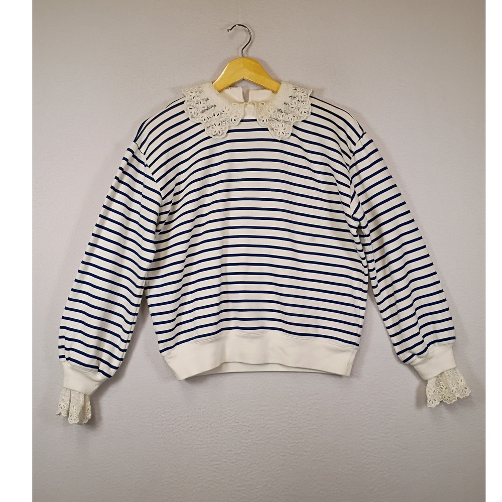 Coquette J.Crew Womens XXS‎ White Navy Striped Lace Collar Cuff Sweatshirt